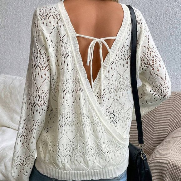 White Boho Womens Solid Pointelle Knit Sweater - Picture 2 of 5